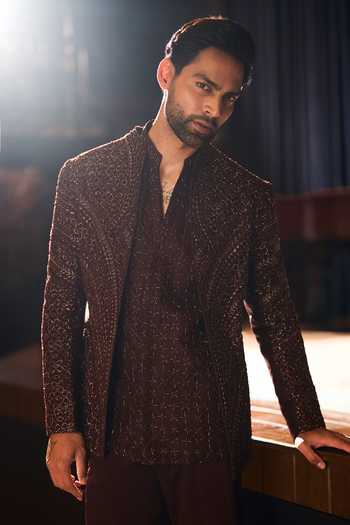 Varun Chakkilam Wine Organza, Crepe Dark Cinnamon Jacket Set Online at Aza Fashions Varun Chakkilam_Wine Organza, Crepe Dark Cinnamon Jacket Set _Online_at_Aza_Fashions