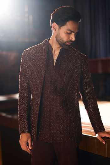 Buy Varun Chakkilam Wine Organza, Crepe Dark Cinnamon Jacket Set Online at Aza Fashions Buy_Varun Chakkilam_Wine Organza, Crepe Dark Cinnamon Jacket Set _Online_at_Aza_Fashions