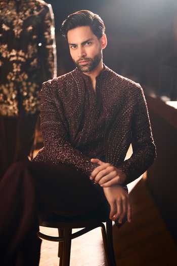 Shop Varun Chakkilam Wine Organza, Crepe Dark Cinnamon Jacket Set Online at Aza Fashions Shop_Varun Chakkilam_Wine Organza, Crepe Dark Cinnamon Jacket Set _Online_at_Aza_Fashions