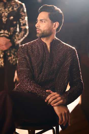 Varun Chakkilam Wine Organza, Crepe Dark Cinnamon Jacket Set at Aza Fashions Varun Chakkilam_Wine Organza, Crepe Dark Cinnamon Jacket Set _at_Aza_Fashions