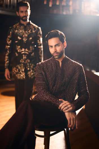 Buy_Varun Chakkilam_Brown Crepe, Net Russet Embroidered Sherwani Set _Online_at_Aza_Fashions