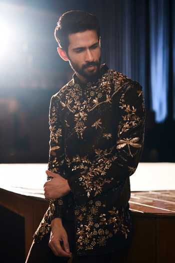 Shop_Varun Chakkilam_Brown Crepe, Net Russet Embroidered Sherwani Set _Online_at_Aza_Fashions