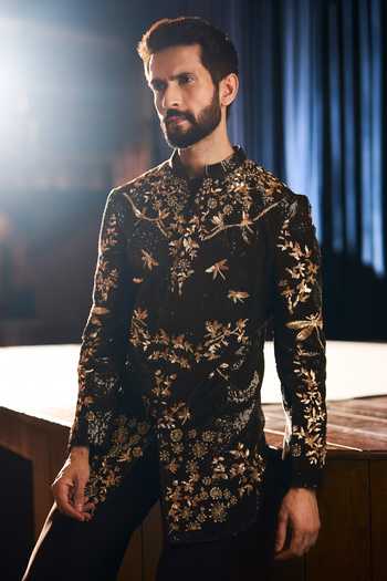 Varun Chakkilam_Brown Crepe, Net Russet Embroidered Sherwani Set _at_Aza_Fashions