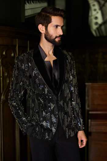 Buy Varun Chakkilam Black Crepe, Satin Midnight Monarch Blazer Set Buy_Varun Chakkilam_Black Crepe, Satin Midnight Monarch Blazer Set
