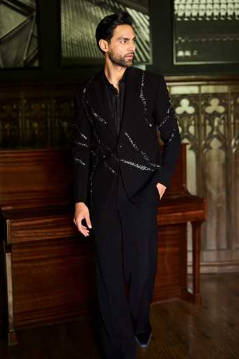 Shop Varun Chakkilam Black Satin Majesty Blazer Set Online at Aza Fashions Shop_Varun Chakkilam_Black Satin Majesty Blazer Set _Online_at_Aza_Fashions