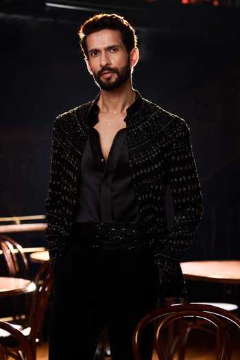 Shop Varun Chakkilam Black Organza, Satin Nero Embellished Jacket Set Online at Aza Fashions Shop_Varun Chakkilam_Black Organza, Satin Nero Embellished Jacket Set _Online_at_Aza_Fashions