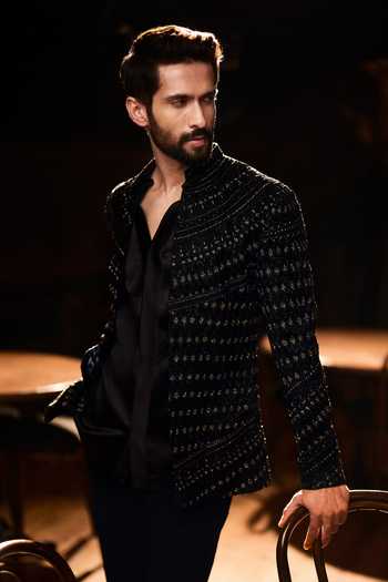 Varun Chakkilam Black Organza, Satin Nero Embellished Jacket Set at Aza Fashions Varun Chakkilam_Black Organza, Satin Nero Embellished Jacket Set _at_Aza_Fashions