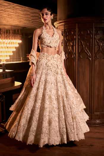 Shop_Varun Chakkilam_Ivory Organza, Satin Halter Neck Lunar Bloom Lehenga Set _Online_at_Aza_Fashions
