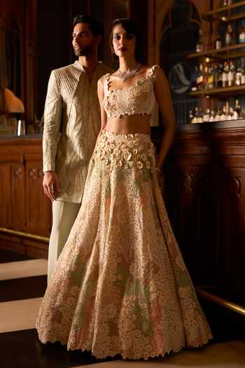 Varun Chakkilam Multi Color Organza, Satin Sweetheart Neck Amber Blossom Lehenga Set at Aza Fashions Varun Chakkilam_Multi Color Organza, Satin Sweetheart Neck Amber Blossom Lehenga Set _at_Aza_Fashions
