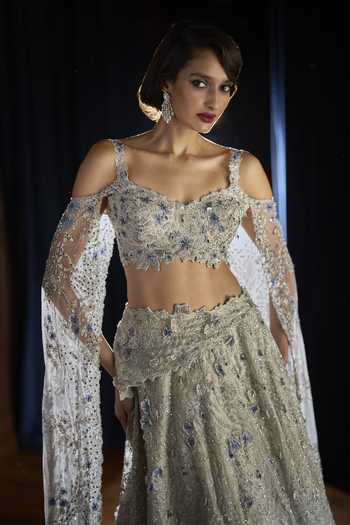 Buy_Varun Chakkilam_Silver Organza, Satin Sweetheart Neck Lunar Goddess Lehenga Set _Online_at_Aza_Fashions