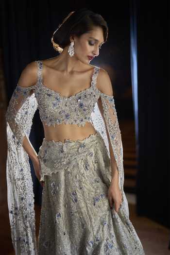 Shop_Varun Chakkilam_Silver Organza, Satin Sweetheart Neck Lunar Goddess Lehenga Set _Online_at_Aza_Fashions