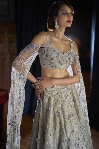 Varun Chakkilam_Silver Organza, Satin Sweetheart Neck Lunar Goddess Lehenga Set _at_Aza_Fashions