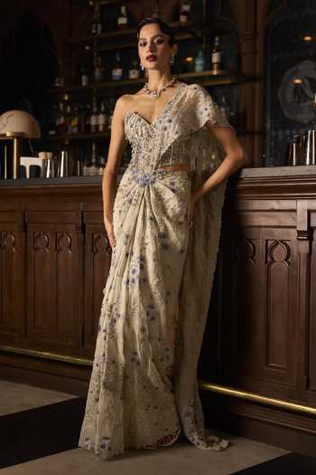 Buy_Varun Chakkilam_Silver Organza, Satin Embroidery, Sequins, Beads, Frost Draped Saree With Corset _Online_at_Aza_Fashions