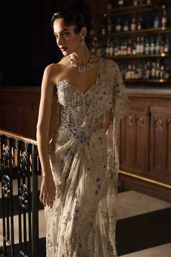Shop_Varun Chakkilam_Silver Organza, Satin Embroidery, Sequins, Beads, Frost Draped Saree With Corset _Online_at_Aza_Fashions