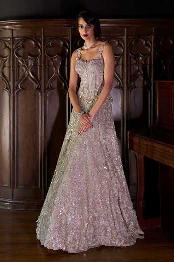Varun Chakkilam_Brown Organza Embroidery, Sequins, Zari Golden Hour Lehenga Set _Online_at_Aza_Fashions