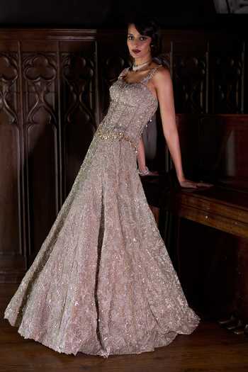 Buy_Varun Chakkilam_Brown Organza Embroidery, Sequins, Zari Golden Hour Lehenga Set _Online_at_Aza_Fashions