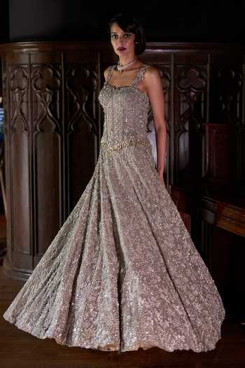 Varun Chakkilam_Brown Organza Embroidery, Sequins, Zari Golden Hour Lehenga Set _at_Aza_Fashions
