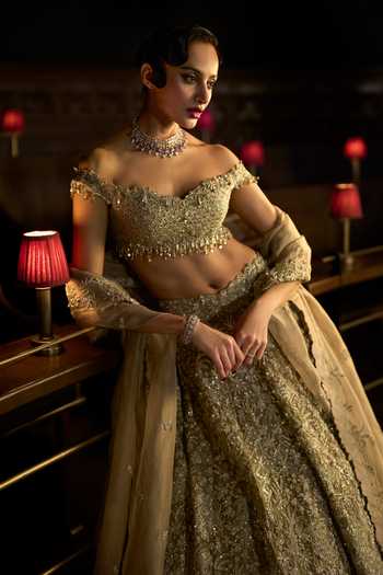 Buy_Varun Chakkilam_Brown Organza, Satin Off-shoulder Mirage Lehenga Set _Online_at_Aza_Fashions