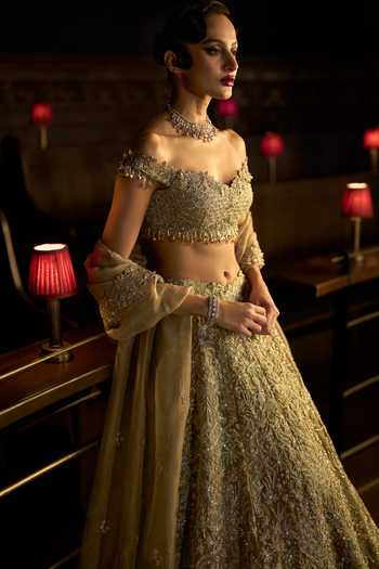 Shop_Varun Chakkilam_Brown Organza, Satin Off-shoulder Mirage Lehenga Set _Online_at_Aza_Fashions