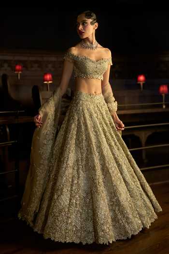 Varun Chakkilam_Brown Organza, Satin Off-shoulder Mirage Lehenga Set _at_Aza_Fashions