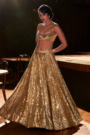 Shop_Varun Chakkilam_Gold Organza, Satin Scoop Neck Aurum Metallic Lehenga Set _Online_at_Aza_Fashions