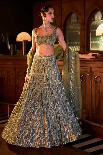 Shop_Varun Chakkilam_Green Organza, Satin Sweetheart Neck Olivia Embellished Lehenga Set _Online_at_Aza_Fashions