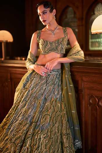Varun Chakkilam_Green Organza, Satin Sweetheart Neck Olivia Embellished Lehenga Set _at_Aza_Fashions