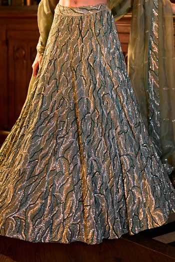 Buy_Varun Chakkilam_Green Organza, Satin Sweetheart Neck Olivia Embellished Lehenga Set 