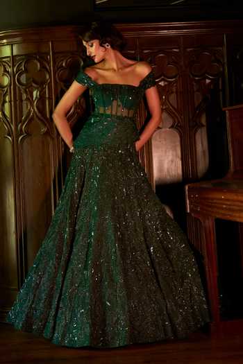 Shop_Varun Chakkilam_Emerald Green Organza, Satin Sequins, Beads Sweetheart Neck Martini Lehenga Set _Online_at_Aza_Fashions