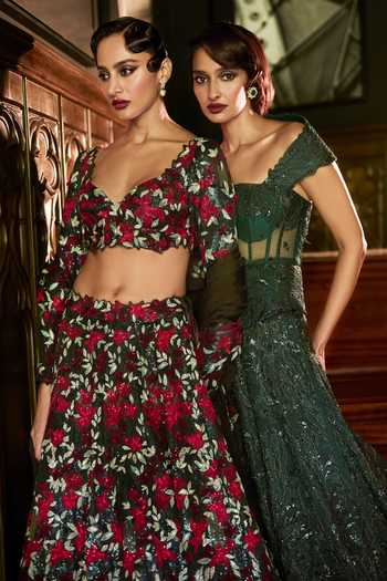 Buy Varun Chakkilam Multi Color Organza, Satin Sweetheart Neck Elysian Bloom Lehenga Set Buy_Varun Chakkilam_Multi Color Organza, Satin Sweetheart Neck Elysian Bloom Lehenga Set