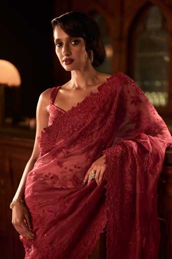 Buy_Varun Chakkilam_Red Organza One Shoulder Crimson Whisper Saree Set _Online_at_Aza_Fashions