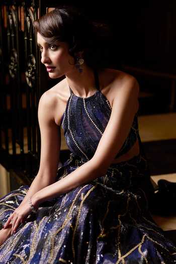 Buy_Varun Chakkilam_Blue Organza, Satin Halter Neck Cosmic Embellished Lehenga Set _Online_at_Aza_Fashions