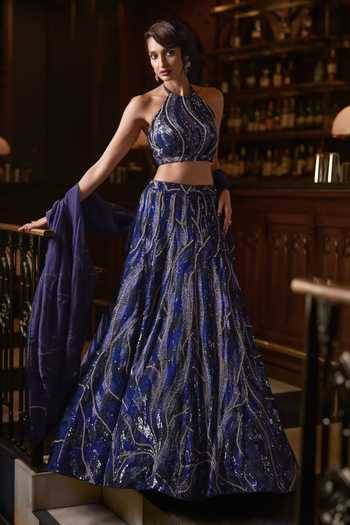 Shop_Varun Chakkilam_Blue Organza, Satin Halter Neck Cosmic Embellished Lehenga Set _Online_at_Aza_Fashions