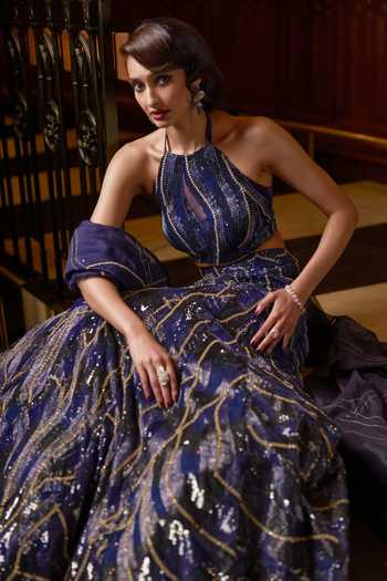 Varun Chakkilam_Blue Organza, Satin Halter Neck Cosmic Embellished Lehenga Set _at_Aza_Fashions