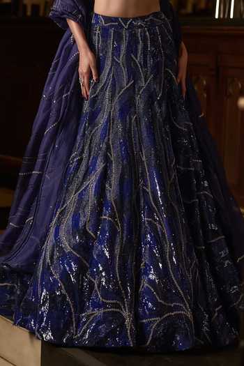 Buy_Varun Chakkilam_Blue Organza, Satin Halter Neck Cosmic Embellished Lehenga Set 