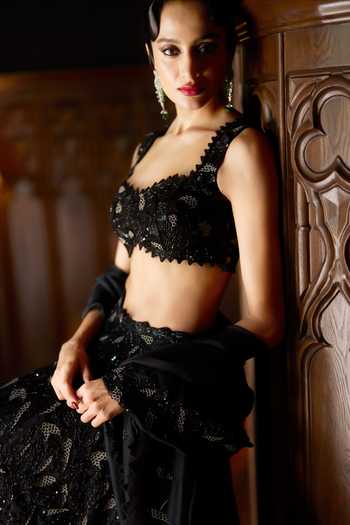 Shop Varun Chakkilam Black Organza, Satin Square Neck Noir Jardin Lehenga Set Online at Aza Fashions Shop_Varun Chakkilam_Black Organza, Satin Square Neck Noir Jardin Lehenga Set _Online_at_Aza_Fashions