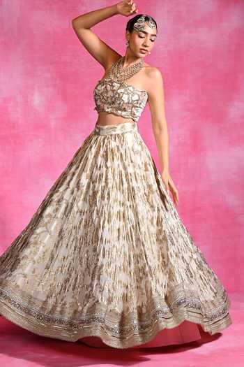 Buy_Rishi and Vibhuti_Ivory Organza, Georgette, Chanderi Bandeau Ebony Hand Embroidered Lehenga Set _Online_at_Aza_Fashions