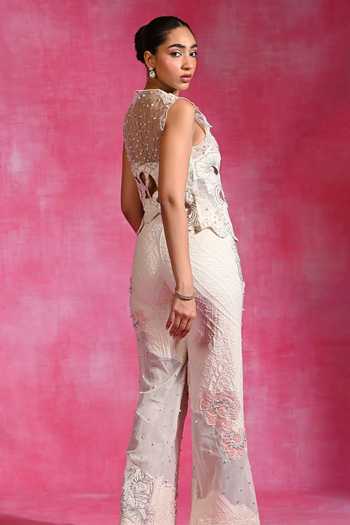 Rishi and Vibhuti Ivory Organza, Muslin Open Neck, Ebony Patchwork Jacket And Pant Co-ord Set Online at Aza Fashions Rishi and Vibhuti_Ivory Organza, Muslin Open Neck, Ebony Patchwork Jacket And Pant Co-ord Set _Online_at_Aza_Fashions