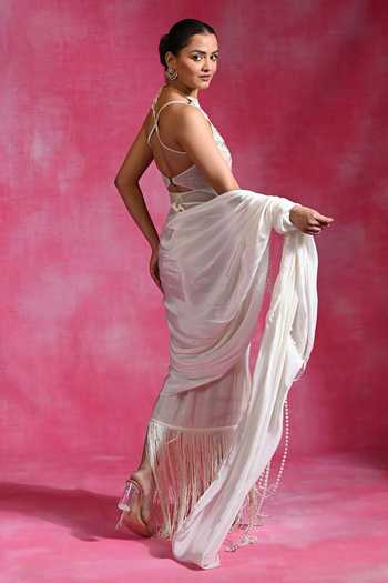 Rishi and Vibhuti Pearl Ivory Pre-Draped Saree With Blouse 