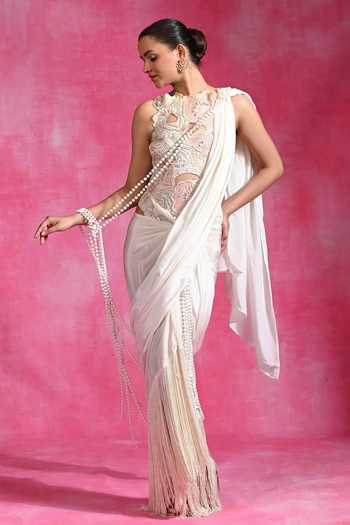 Rishi and Vibhuti Ivory Crepe, Net, Lycra High Neck Pearl Pre-draped Saree With Blouse Online at Aza Fashions Rishi and Vibhuti_Ivory Crepe, Net, Lycra High Neck Pearl Pre-draped Saree With Blouse _Online_at_Aza_Fashions