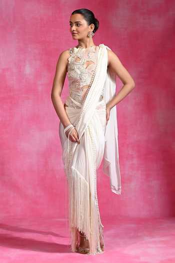 Rishi and Vibhuti Pearl Ivory Pre-Draped Saree With Blouse 