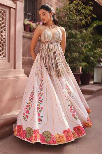 Buy_Rishi and Vibhuti_Ivory Crepe Beads, Tassels Halter Neck Ebony Bahaar Bralette And Lehenga Set _Online_at_Aza_Fashions
