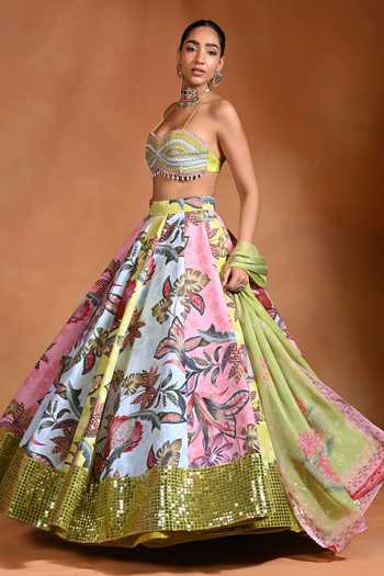 Buy_Rishi and Vibhuti_Multi Color Organza, Crepe Pearls, Beads Brat Mosaic Floral Pattern Lehenga Set _Online_at_Aza_Fashions