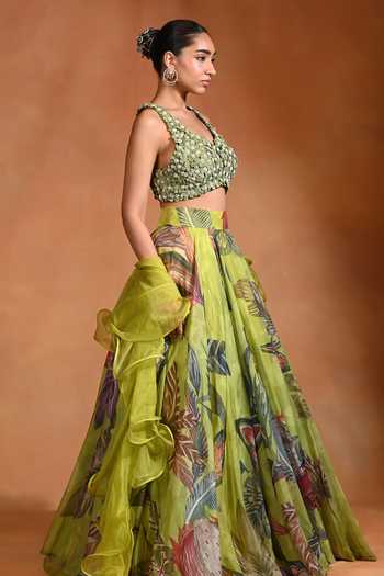 Rishi and Vibhuti Green Organza V-neck 3d Floral Hand Embroidered Lehenga Set Online at Aza Fashions Rishi and Vibhuti_Green Organza V-neck 3d Floral Hand Embroidered Lehenga Set _Online_at_Aza_Fashions