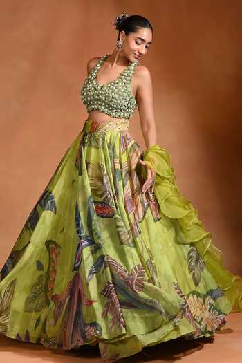 Buy Rishi and Vibhuti Green Organza V-neck 3d Floral Hand Embroidered Lehenga Set Online at Aza Fashions Buy_Rishi and Vibhuti_Green Organza V-neck 3d Floral Hand Embroidered Lehenga Set _Online_at_Aza_Fashions