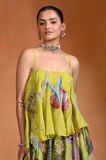 Rishi and Vibhuti_Green Organza Square Neck Oasis Flared Top And Lehenga Set _Online_at_Aza_Fashions