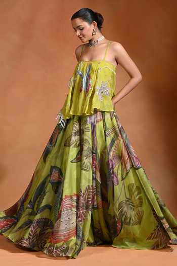 Buy_Rishi and Vibhuti_Green Organza Square Neck Oasis Flared Top And Lehenga Set _Online_at_Aza_Fashions