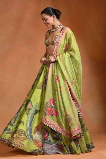 Buy Rishi and Vibhuti Green Organza V-neck Kiwi Floral Print Lehenga Set Online at Aza Fashions Buy_Rishi and Vibhuti_Green Organza V-neck Kiwi Floral Print Lehenga Set _Online_at_Aza_Fashions