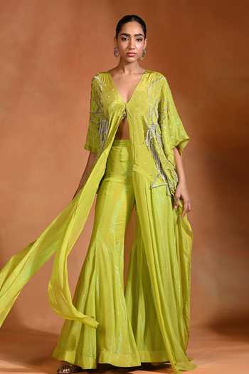 Rishi and Vibhuti Green Organza, Georgette, Crepe V-neck Zing Patchwork Kaftan And Flared Pant Set Online at Aza Fashions Rishi and Vibhuti_Green Organza, Georgette, Crepe V-neck Zing Patchwork Kaftan And Flared Pant Set _Online_at_Aza_Fashions