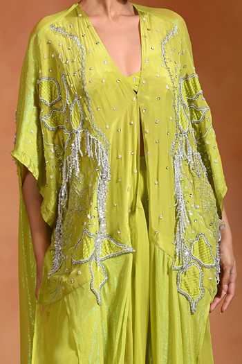 Buy Rishi and Vibhuti Green Organza, Georgette, Crepe V-neck Zing Patchwork Kaftan And Flared Pant Set Online at Aza Fashions Buy_Rishi and Vibhuti_Green Organza, Georgette, Crepe V-neck Zing Patchwork Kaftan And Flared Pant Set _Online_at_Aza_Fashions